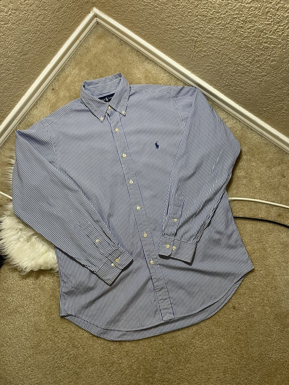 Ralph Lauren Mens Classic Fit Striped Button Down Shirt Blue / White XL Preppy